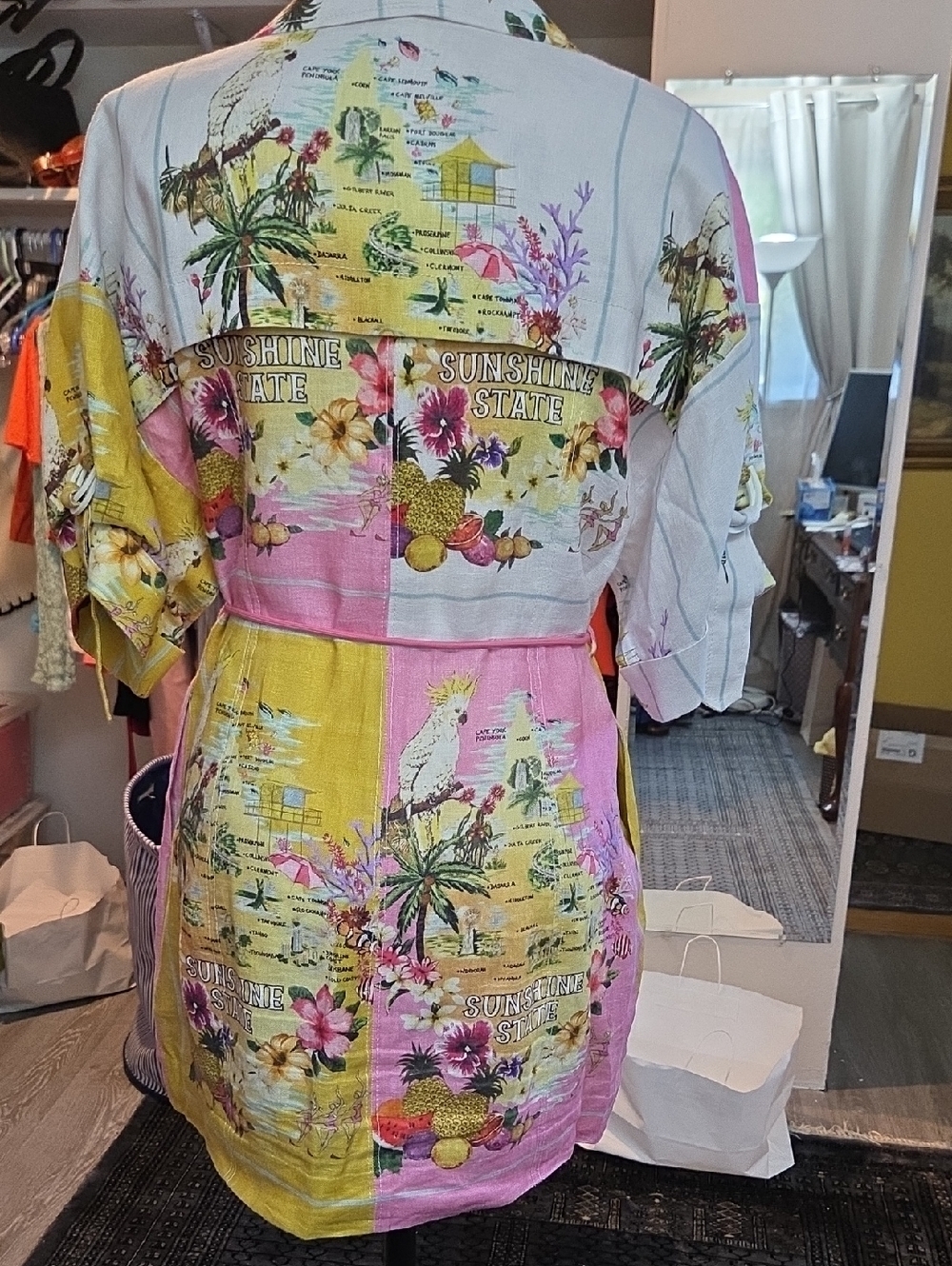 Zimmerman Linen Floral Tropical Print Shirt Dress in Pink and Yellow - Picture 5 of 6